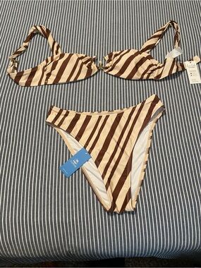 Cupshe Cream and Brown Striped Bikini Set